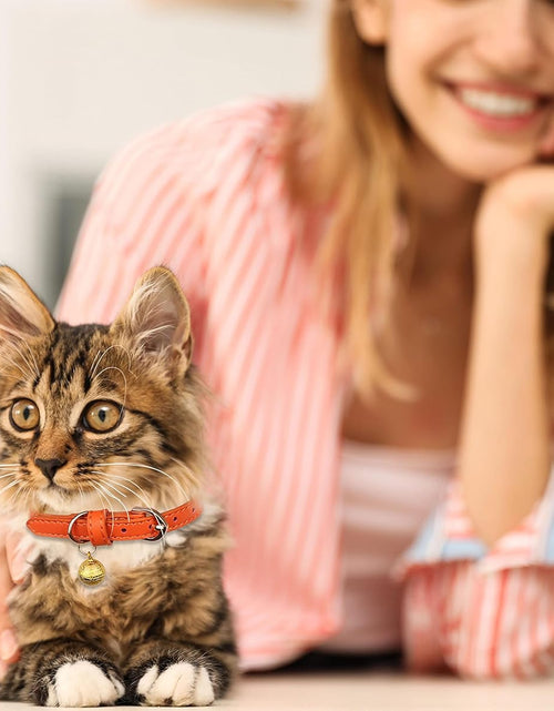 Load image into Gallery viewer, 3 Pack Leather Cat Collars with Bells Soft Pet Safety Collar Kitten Collars with Bell Orange Yellow Mint Green(S)
