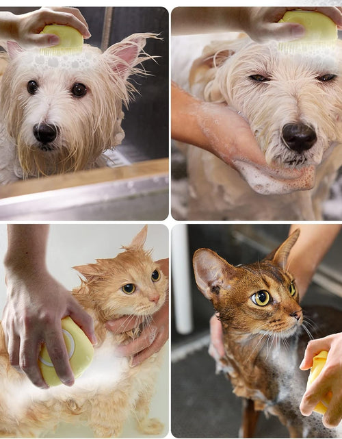 Load image into Gallery viewer, Dog Bath Brush, Pet Massage Brush Shampoo Dispenser, Soft Silicone Brush Rubber Bristle for Dogs and Cats Shower Grooming (Yellow)
