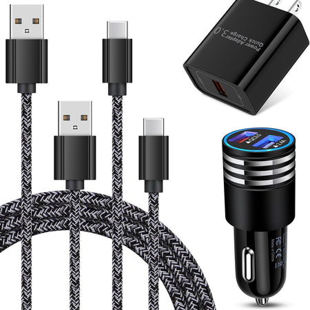 Type C Charger Fast Charger for Samsung Galaxy S23 S22 S21 S20 A53 A13 A12 A32 A52 A51,LG Stylo 6 5,Moto G Pure/G Power/G Stylus/G Play,Quick Charge 3.0 Car Charger Wall Adapter +3FT 6FT USB C Cable