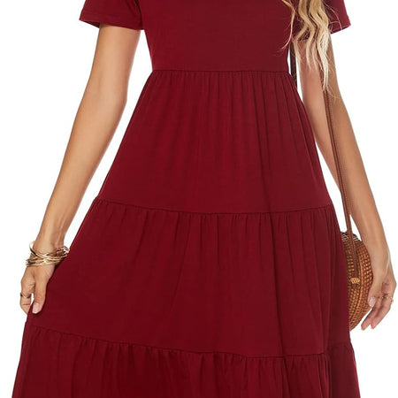 Women'S Casual Summer Tiered Midi Dress Short Sleeve V-Neck Loose Cotton Ruffle Babydoll Dress Boho Sundress