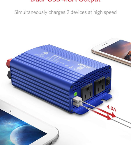 500W Power Inverter DC 12V to 110V AC Converter with 4.8A Dual USB Car Charger ETL Listed (Blue)