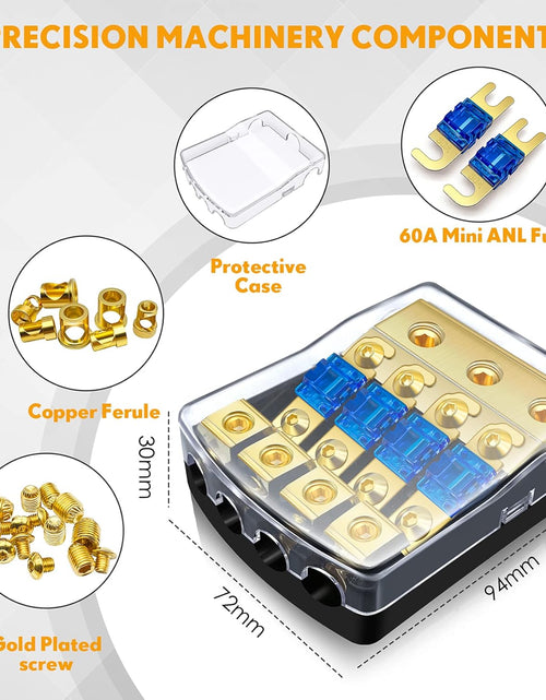 Load image into Gallery viewer, 4 Way Mini ANL Fuse Holder, Copper 0/2/4 Gauge to 4/6/8 Gauge 60 Amp Fuse Distribution Block for Car Truck Boat Audio Stereo Amplifier
