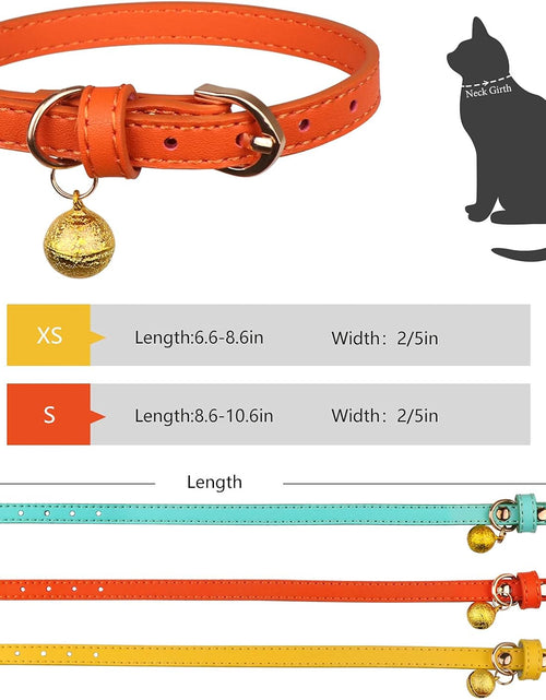 Load image into Gallery viewer, 3 Pack Leather Cat Collars with Bells Soft Pet Safety Collar Kitten Collars with Bell Orange Yellow Mint Green(S)
