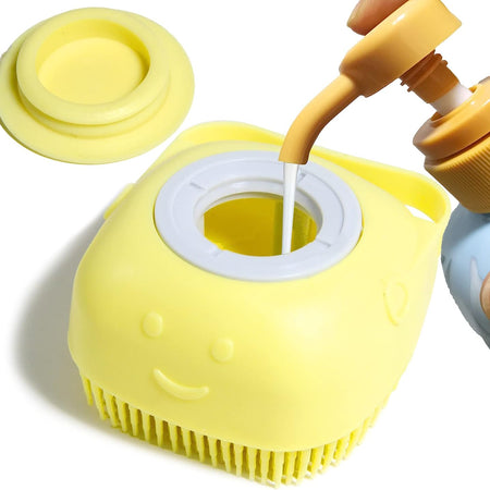 Dog Bath Brush, Pet Massage Brush Shampoo Dispenser, Soft Silicone Brush Rubber Bristle for Dogs and Cats Shower Grooming (Yellow)