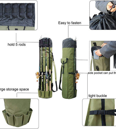Fishing Pole Bag with Rod Holder Fishing Rod Bag Carrier Case 5 Poles Waterproof Travel Case Fishing Tackle Box Storage Bag Durable Fishing Gear Organizer Fishing Gift for Men