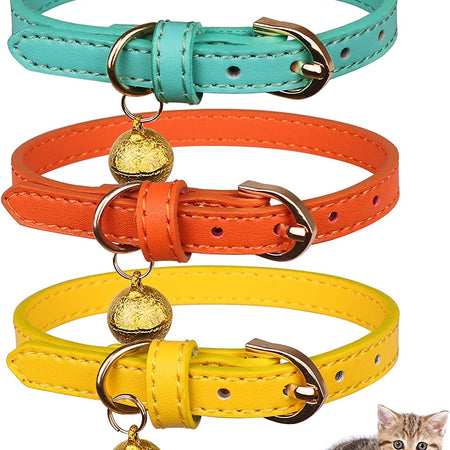 3 Pack Leather Cat Collars with Bells Soft Pet Safety Collar Kitten Collars with Bell Orange Yellow Mint Green(S)