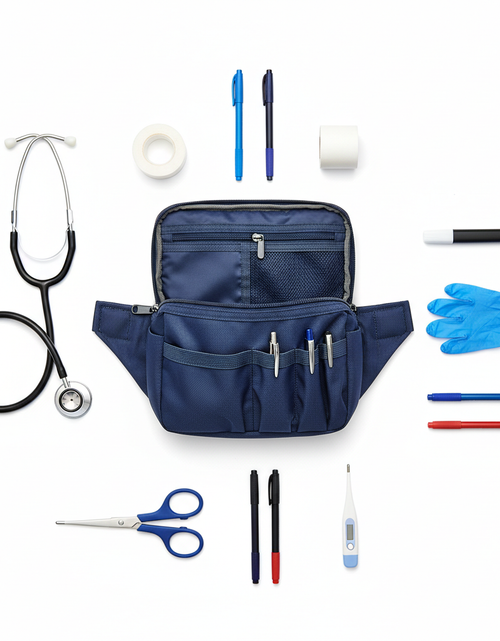 Load image into Gallery viewer, Flat lay nursing fanny pack with medical accessories
