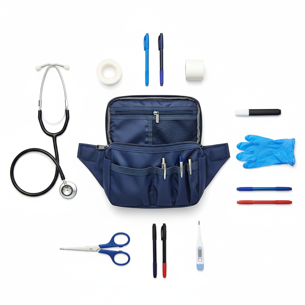 Flat lay nursing fanny pack with medical accessories