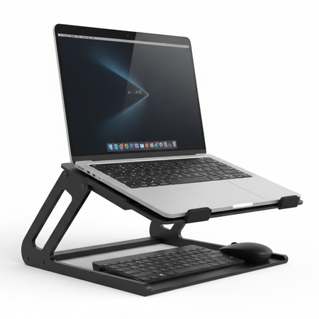 Besign LS10 aluminum laptop stand showing open ventilation design, rubber grip pads, ergonomic angle adjustment, and accessories stored underneath