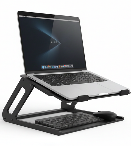 Besign LS10 aluminum laptop stand showing open ventilation design, rubber grip pads, ergonomic angle adjustment, and accessories stored underneath