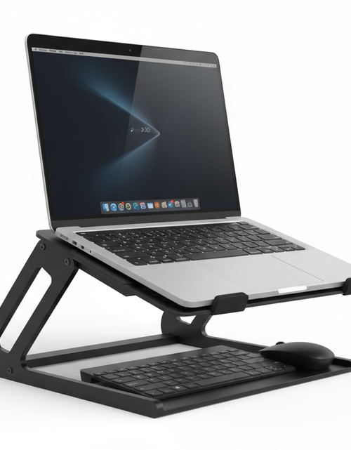 Load image into Gallery viewer, Besign LS10 aluminum laptop stand showing open ventilation design, rubber grip pads, ergonomic angle adjustment, and accessories stored underneath
