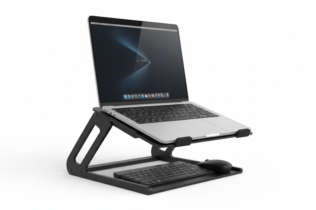 Besign LS10 aluminum laptop stand showing open ventilation design, rubber grip pads, ergonomic angle adjustment, and accessories stored underneath